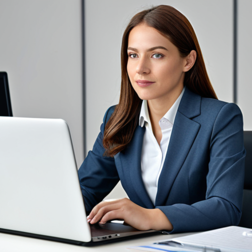 ** A professional businesswoman in a modest business suit, sitting at a desk in a modern office, fully clothed, appropriate attire, safe for work, perfect anatomy, natural proportions, professional photography, high quality.
**
