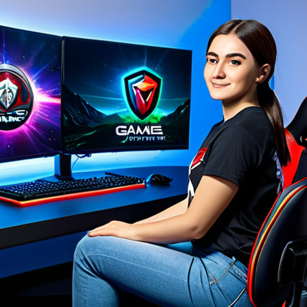 **
A professional female gamer in a modest and comfortable gaming outfit (jeans and a t-shirt with a game logo), sitting in a gaming chair in front of a multi-monitor setup. The background is a clean, modern gaming room with RGB lighting. Fully clothed, appropriate attire, safe for work, perfect anatomy, natural proportions, professional digital art, high quality, family-friendly.
**