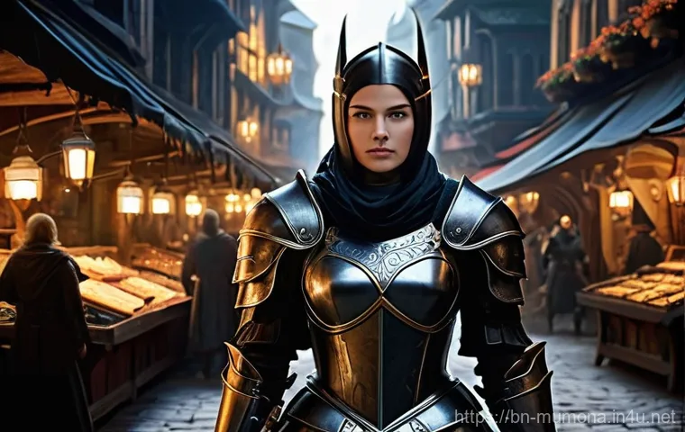 뮤 모나크 장비 제작 방법 - **Prompt:** A skilled female Dark Knight, clad in modest yet formidable fantasy armor that covers he...