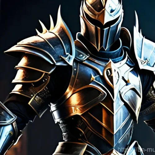 Home 27 뮤 모나크 공격력 증가 장비 - A powerful "Mu Monarch" warrior stands heroically in an intricate, gleaming set of fantasy armor, re...