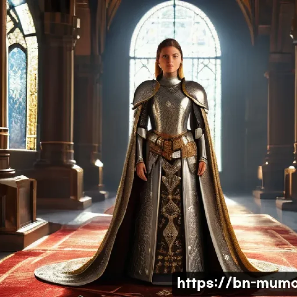 뮤 모나크 VIP 혜택 - **Prompt: "A majestic, confident female knight, approximately 25 years old, standing regally in an o...