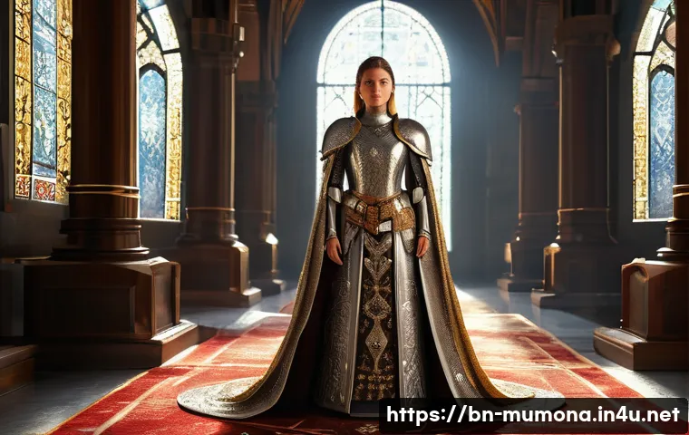 뮤 모나크 VIP 혜택 - **Prompt: "A majestic, confident female knight, approximately 25 years old, standing regally in an o...